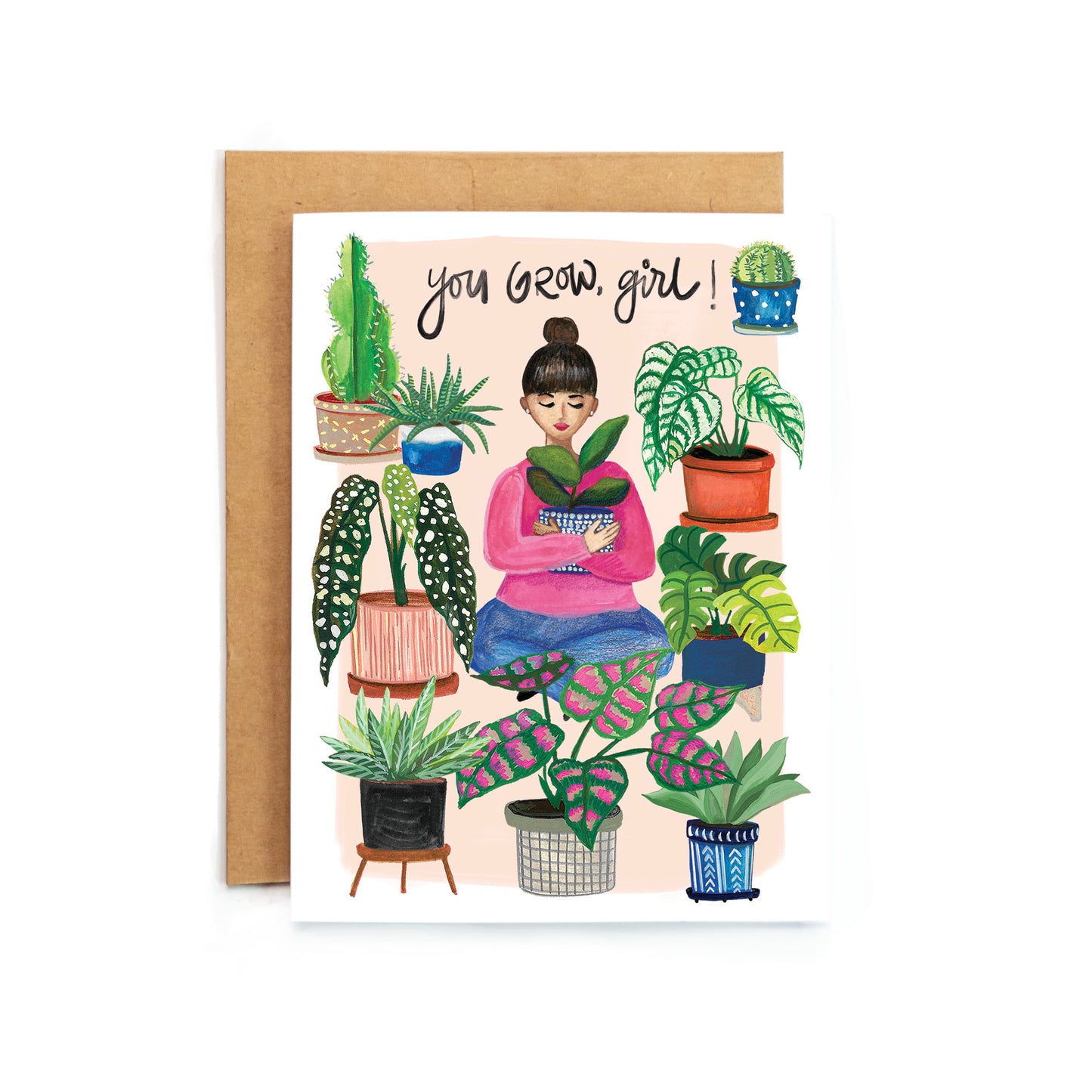 a card with a woman holding a potted plant