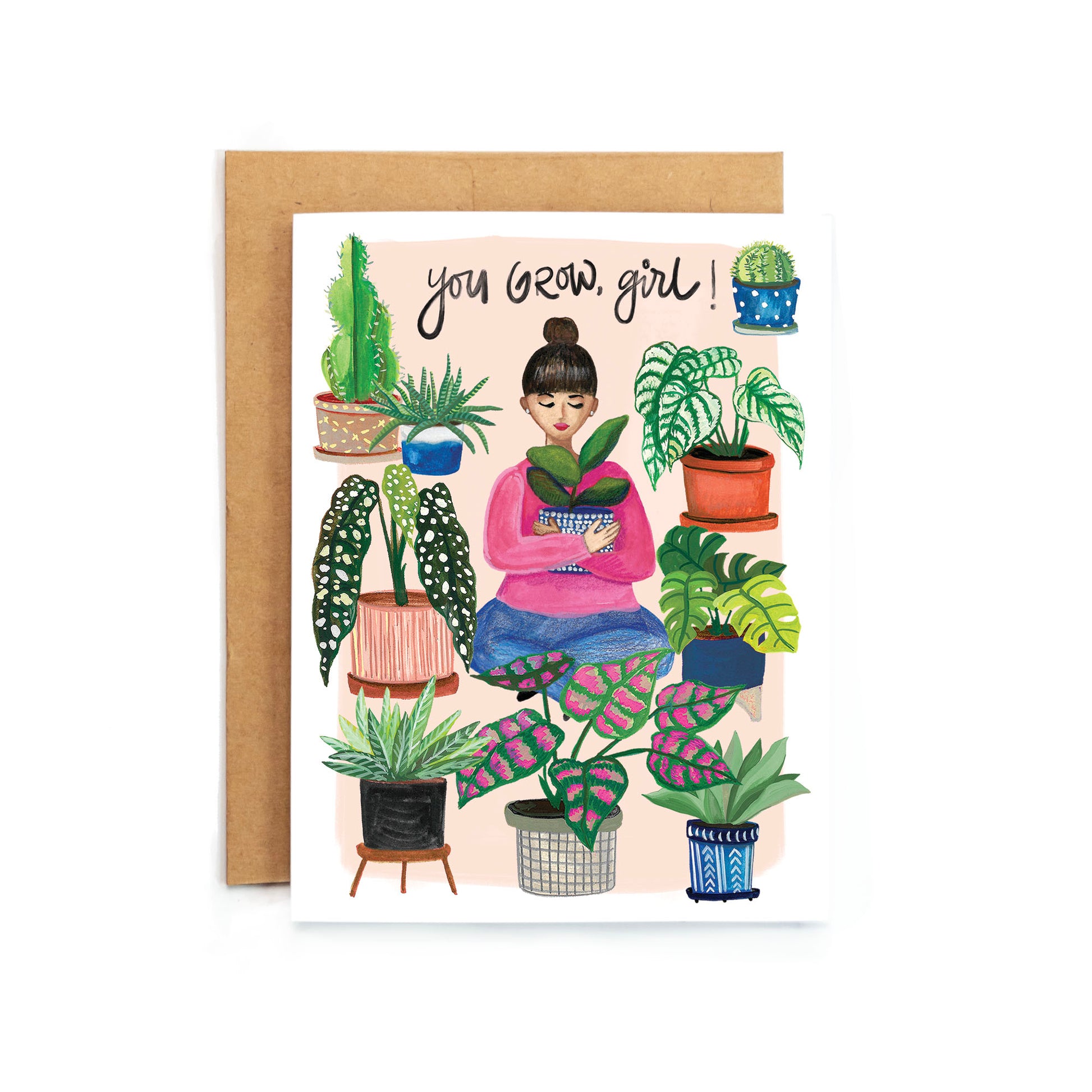a card with a woman holding a potted plant