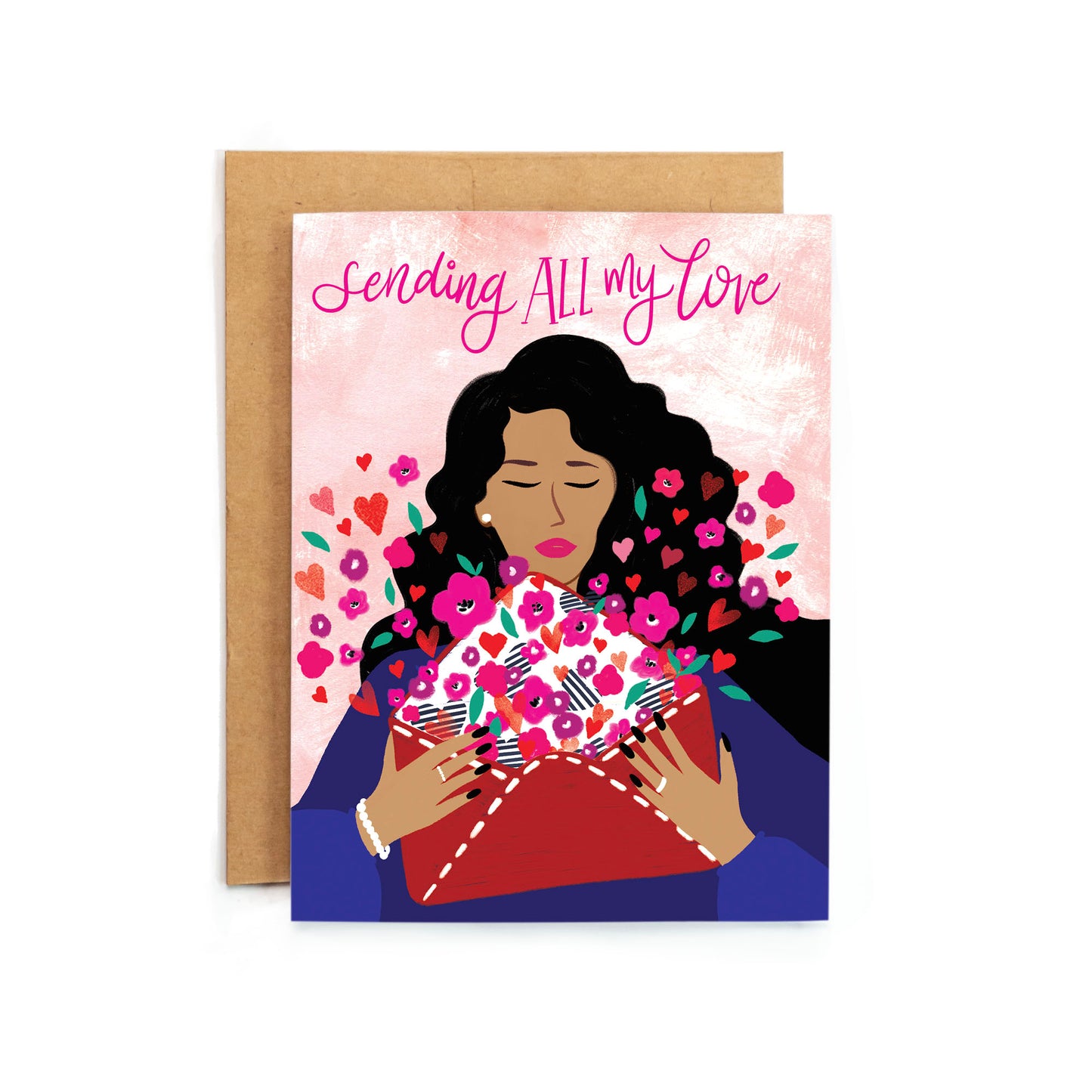 a card with a woman holding a bouquet of flowers
