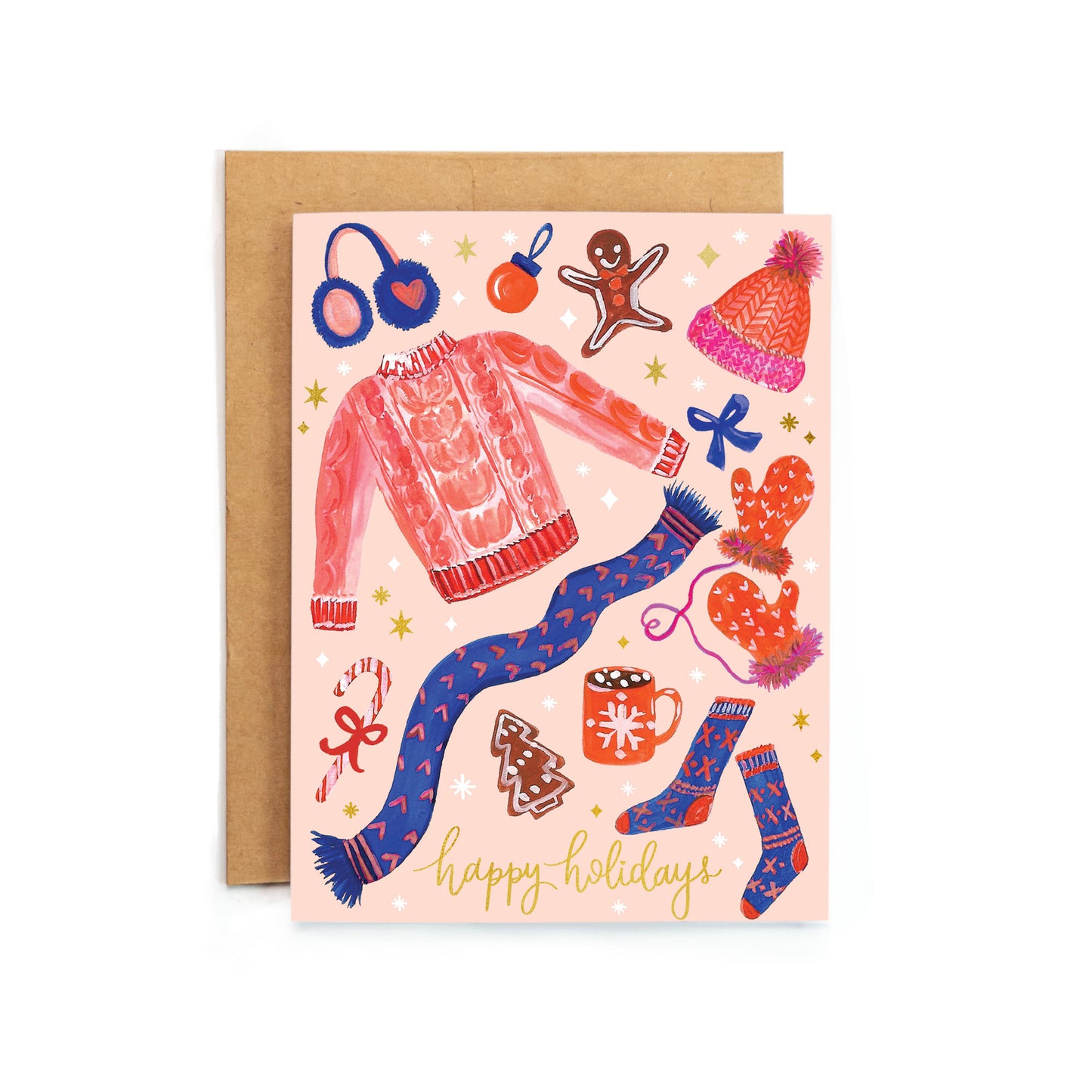 a pink card with a picture of a woman's outfit and a pair of