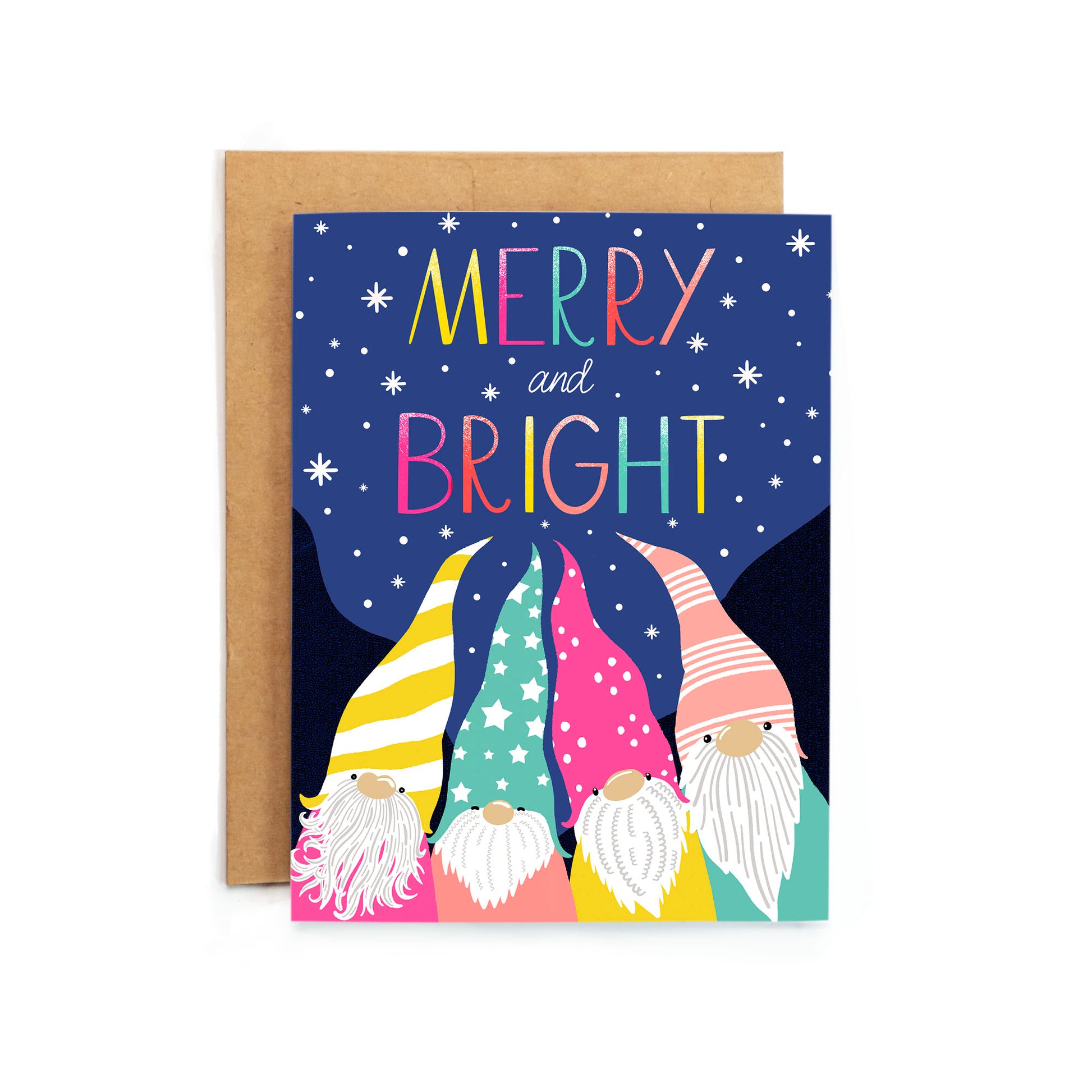 a christmas card with three gnomes and the words merry and bright