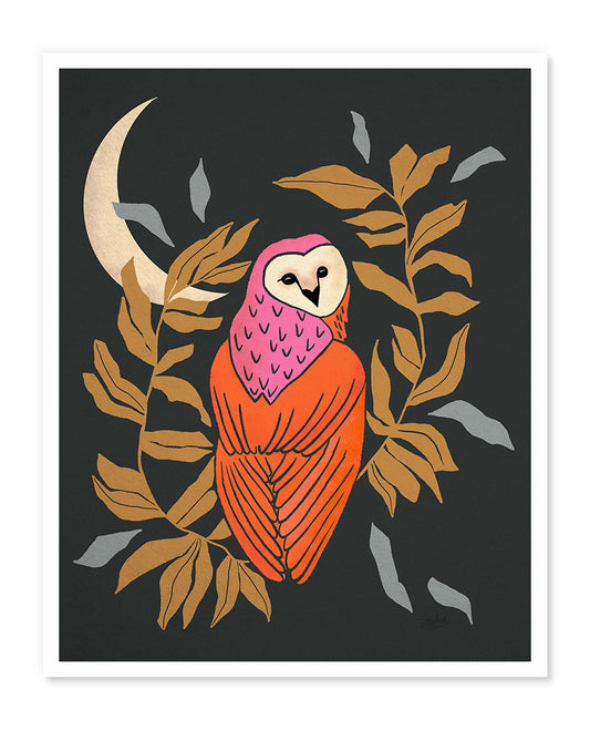 Black and Orange Owl and Moon Art Print WS