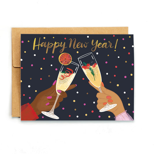 a card with two people toasting with glasses of champagne