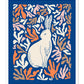 a white rabbit sitting on top of a blue background