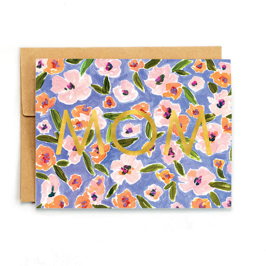 a card with a floral pattern and the word mom on it