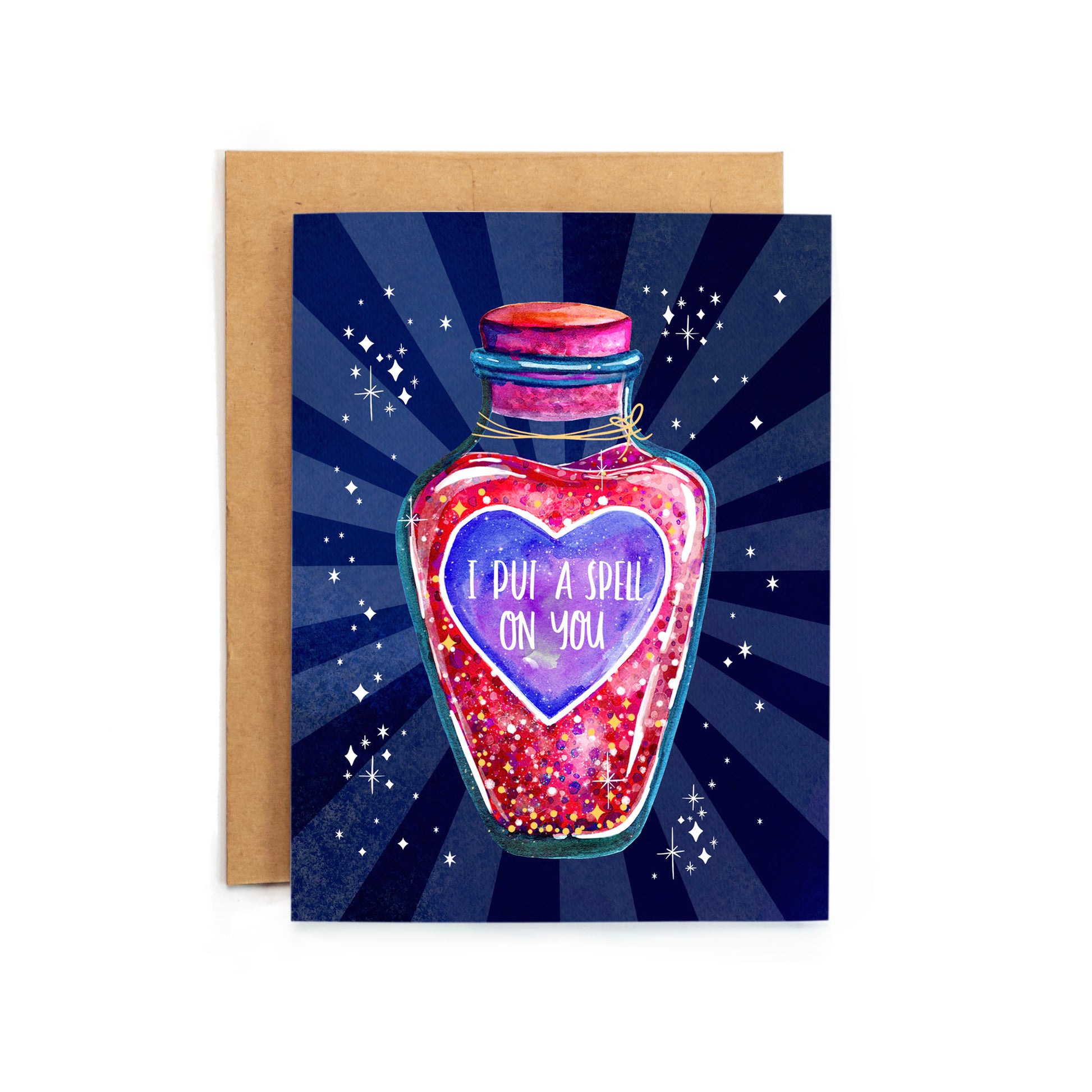 a card with a pink heart in a jar on a blue background