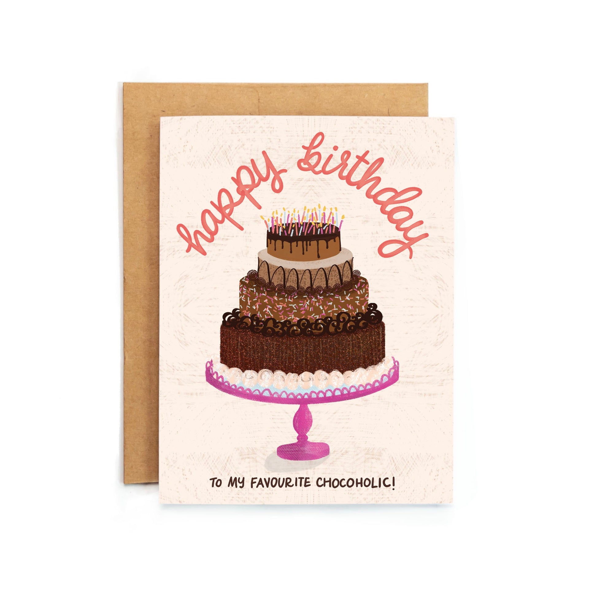 a birthday card with a chocolate cake on it