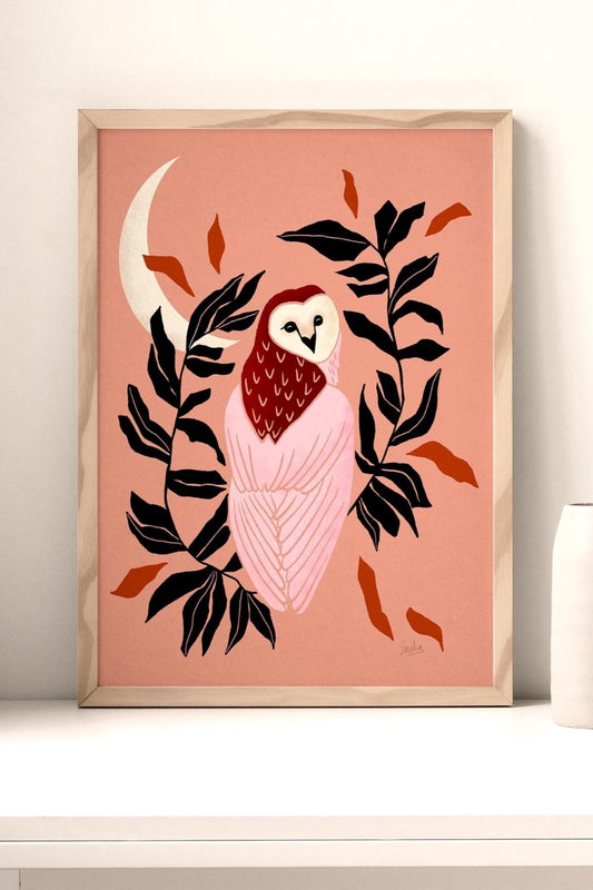 Pink and Brown Owl and Moon Art Print