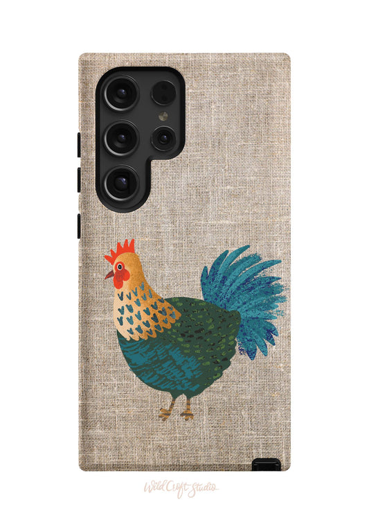 a phone case with a rooster painted on it