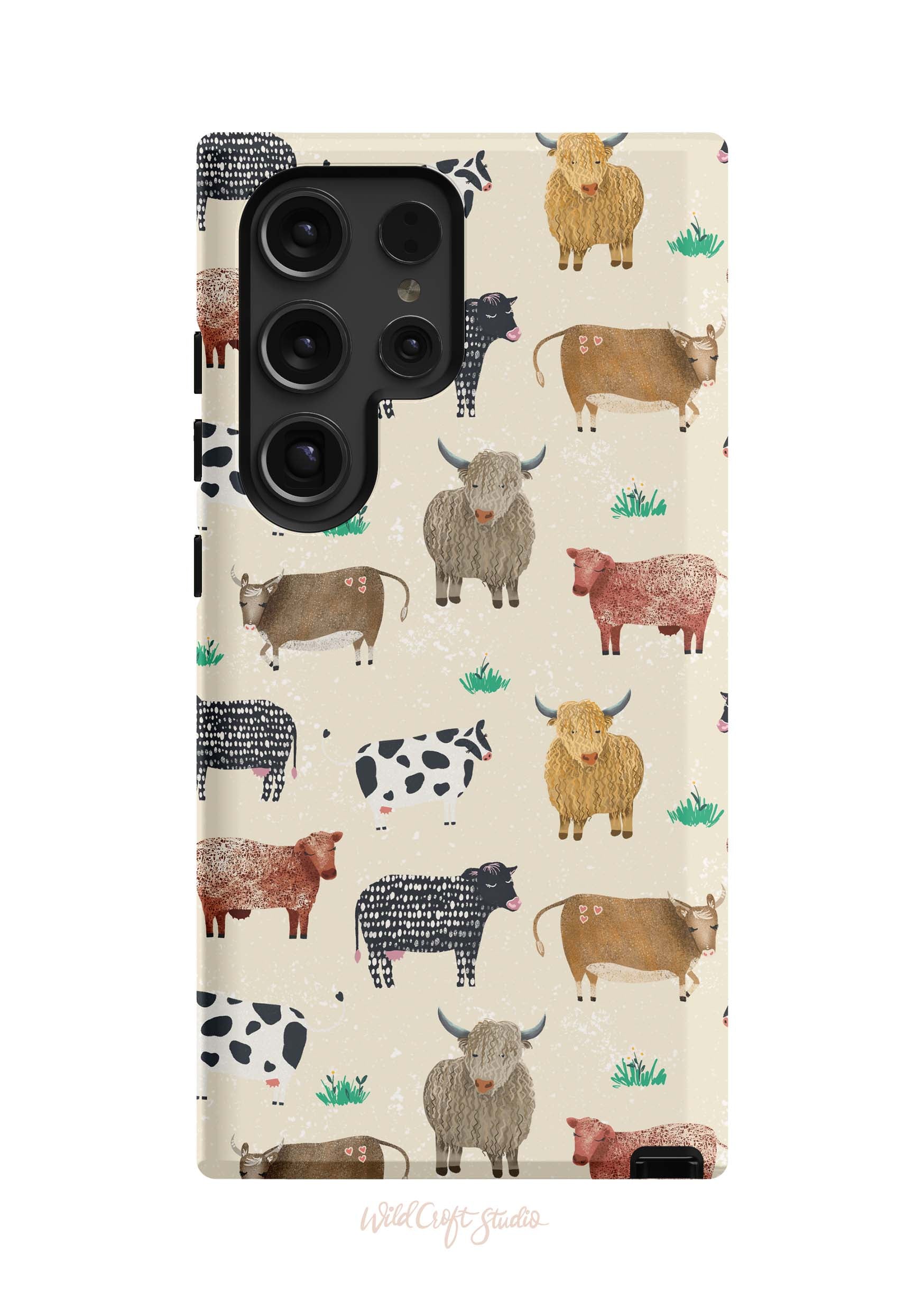 a phone case with a pattern of cows on it