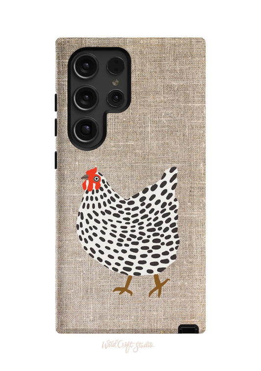 a phone case with a chicken painted on it