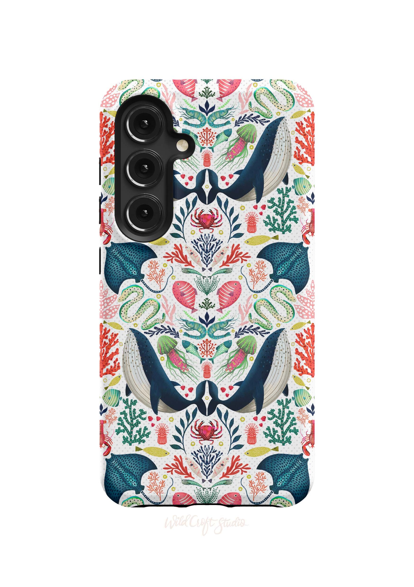 a phone case with an image of two birds on a floral background