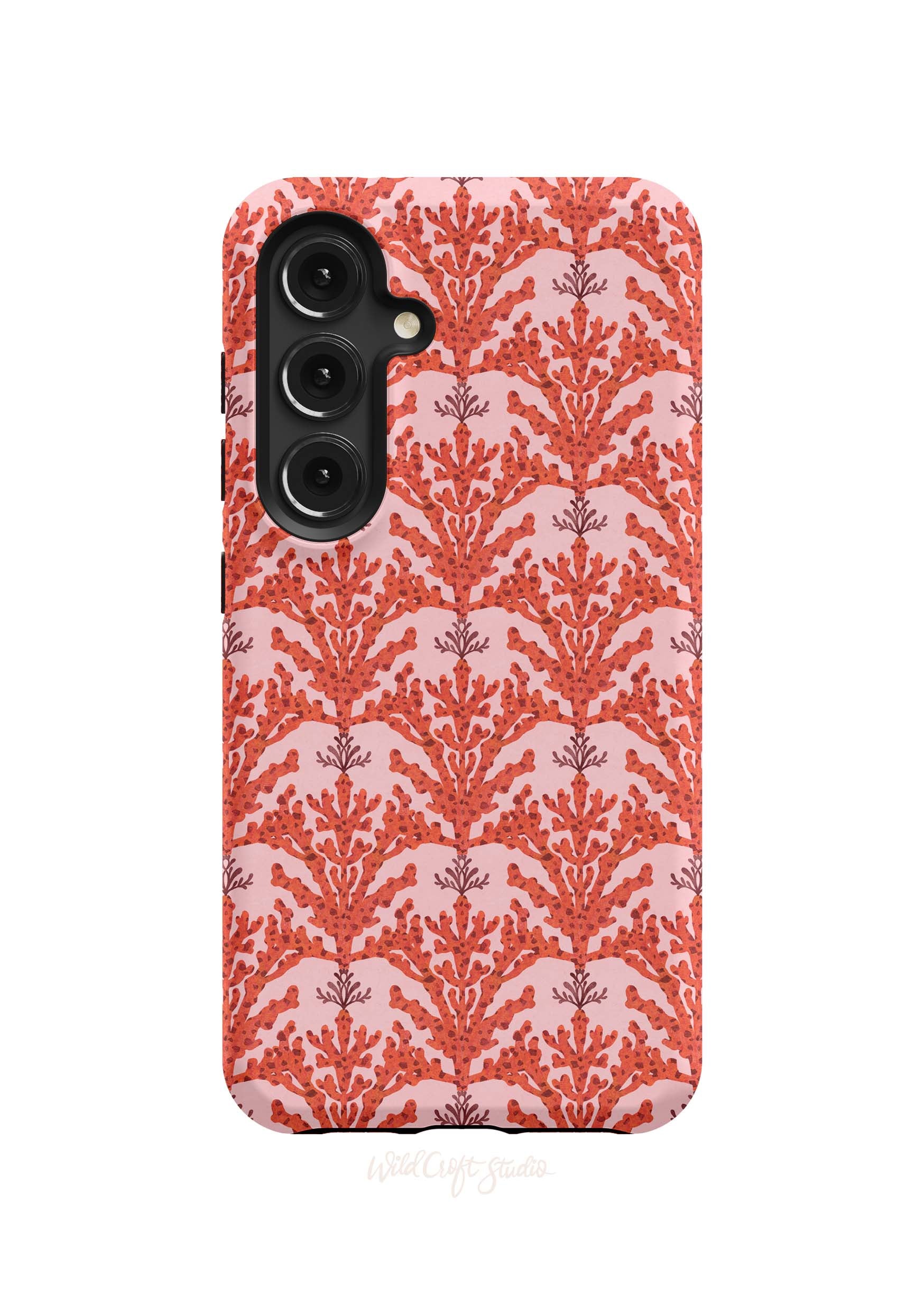 a red phone case with a pattern on it