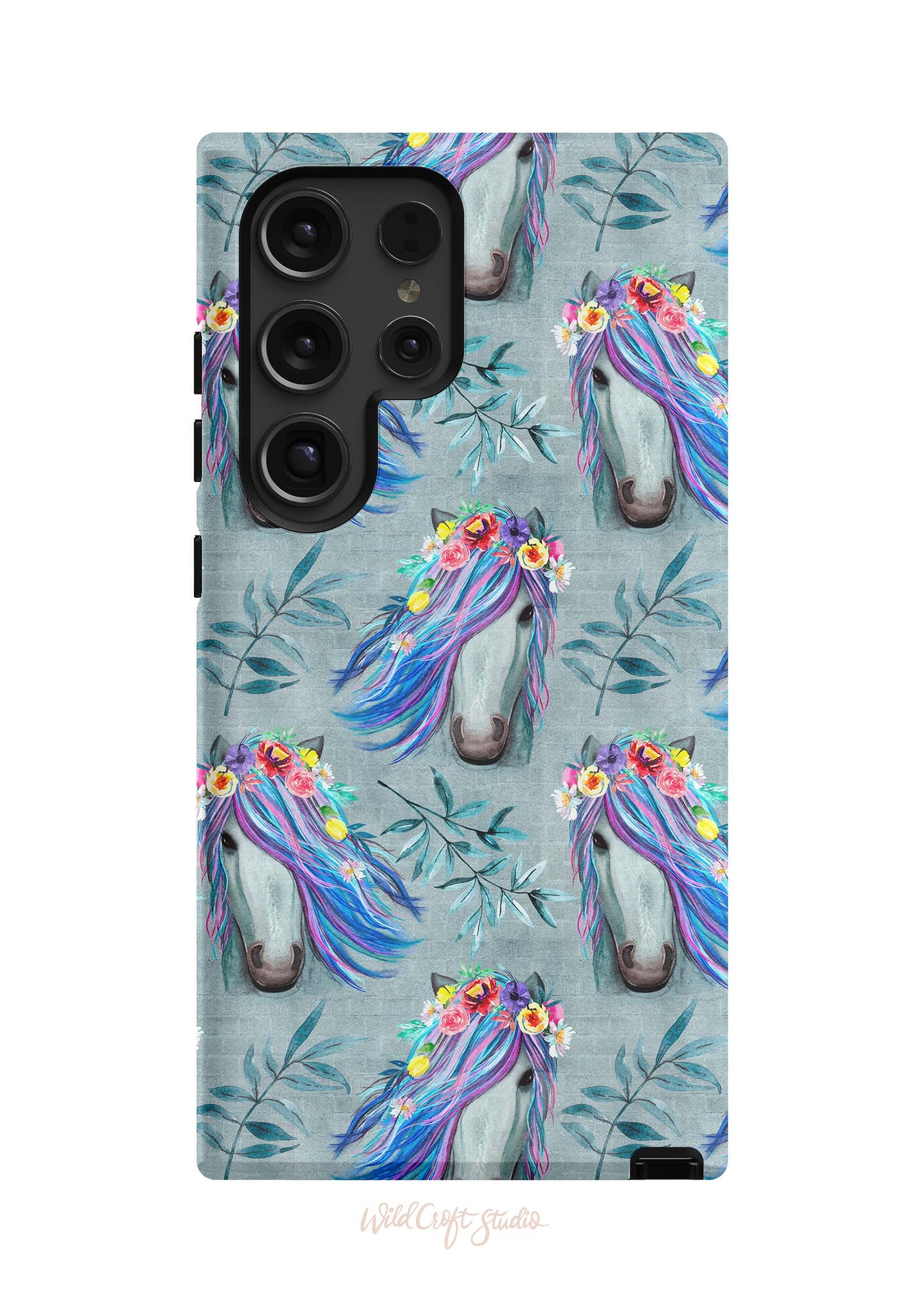 a phone case with a horse and flowers on it