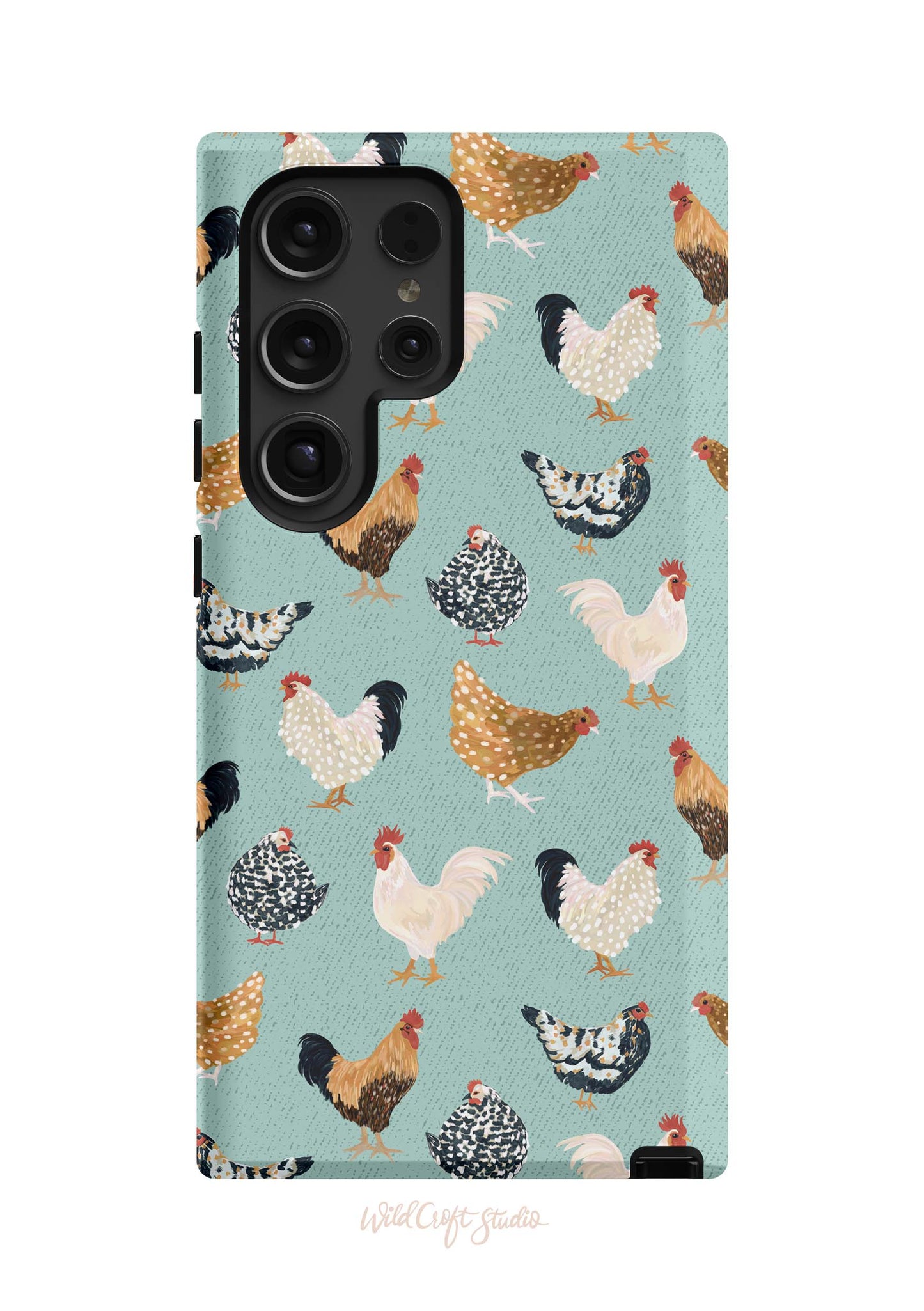 a phone case with chickens on a blue background