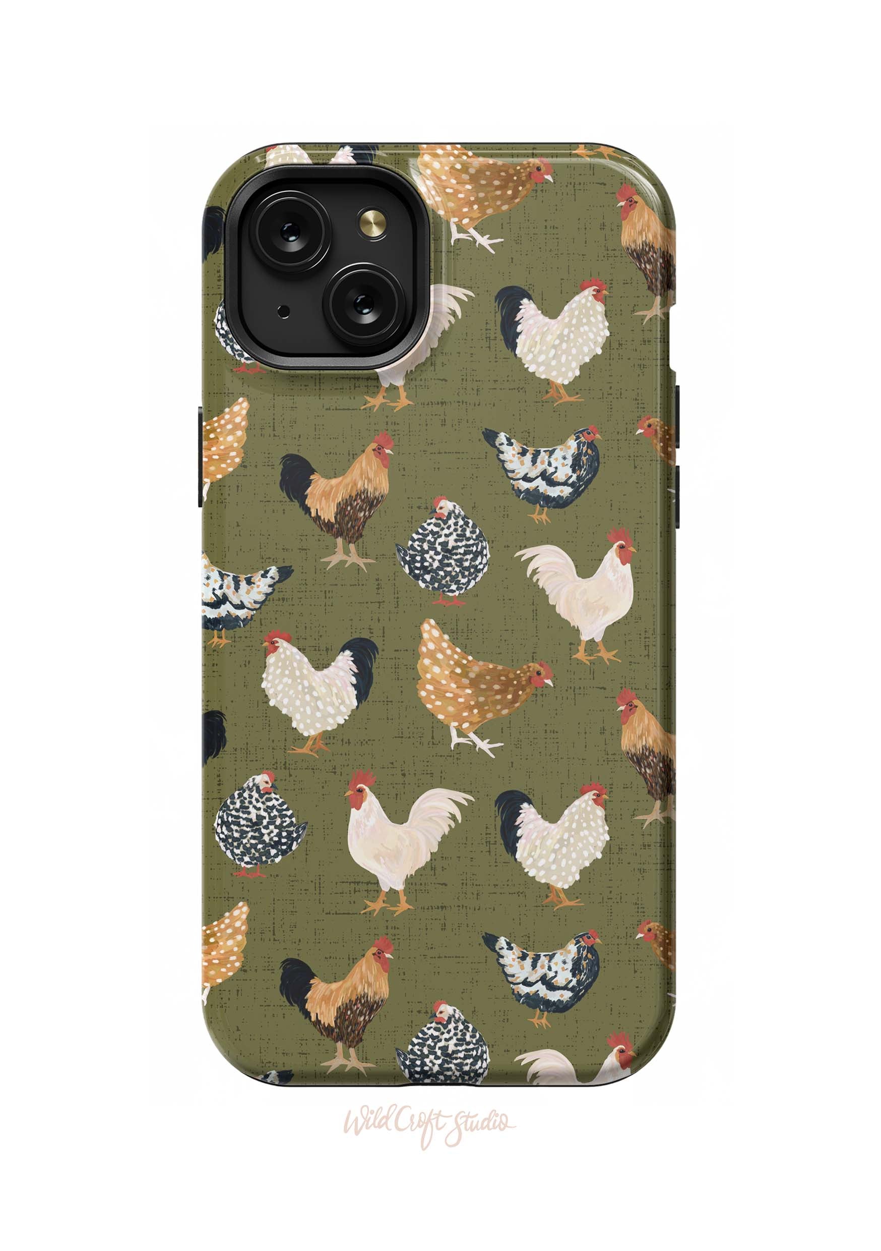 a green phone case with chickens on it