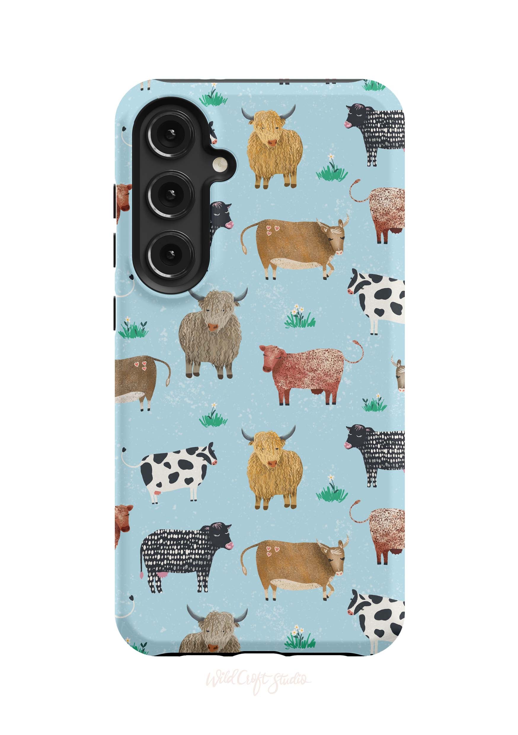 a phone case with cows on a blue background