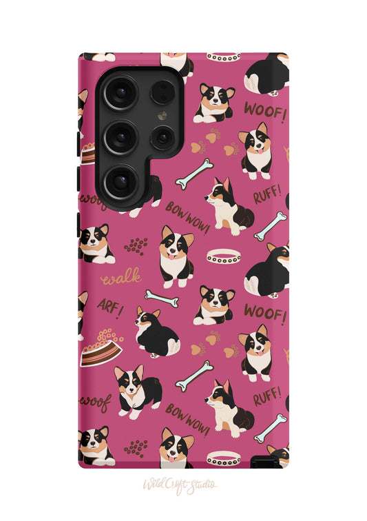 a pink phone case with a pattern of dogs on it