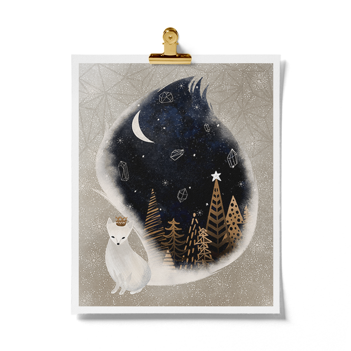 White Fox Night Winter Art Print