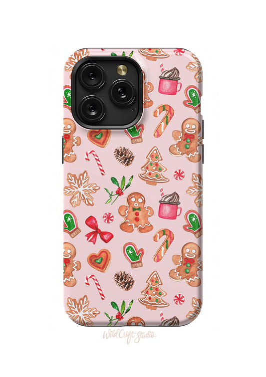 a pink phone case with a christmas pattern