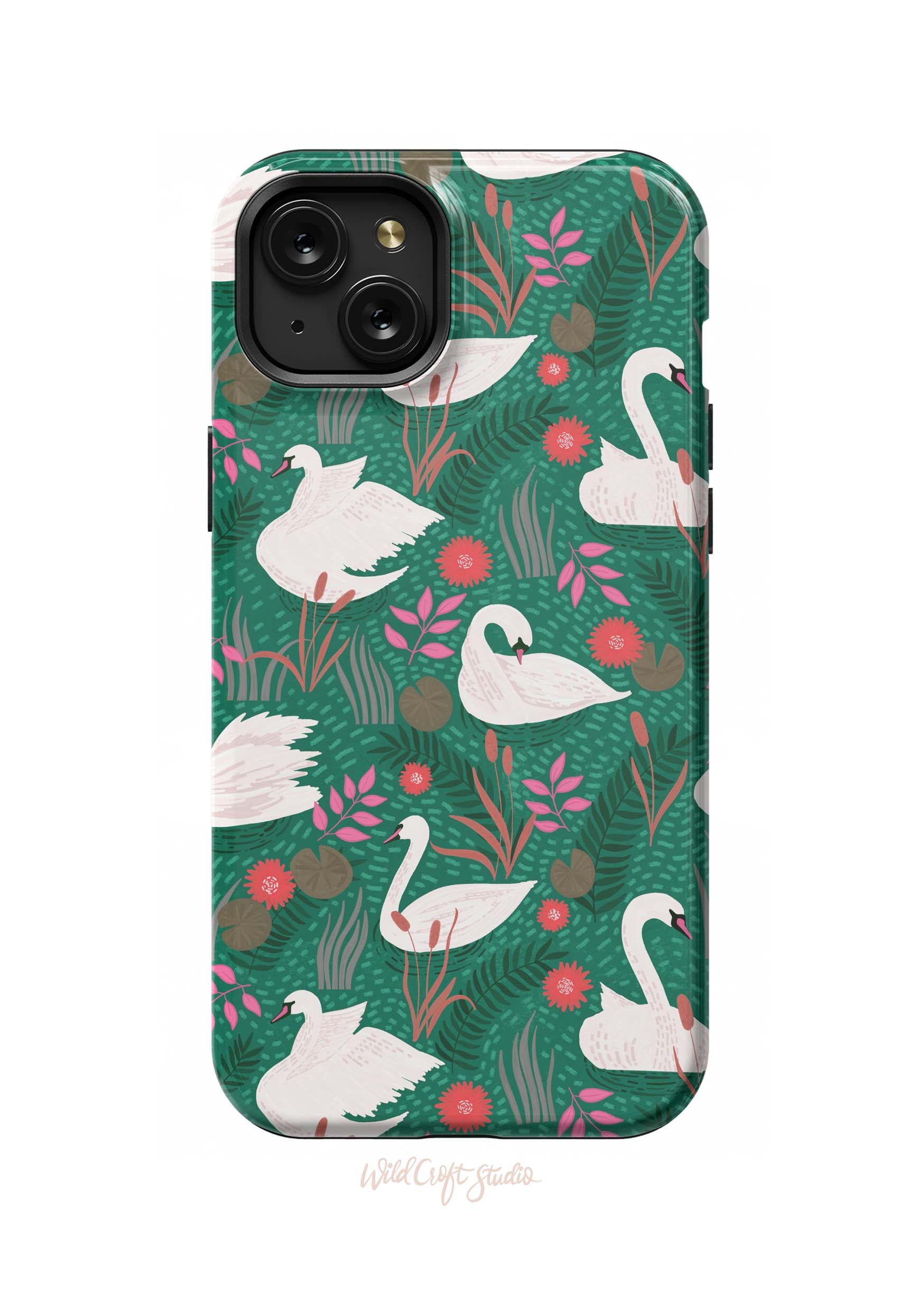 a green phone case with swans on it