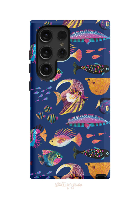 a blue phone case with colorful fish on it