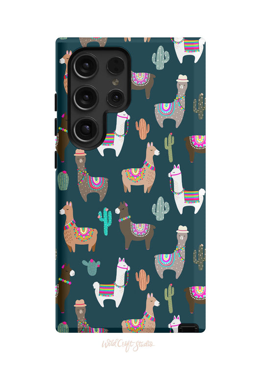 a phone case with a pattern of llamas and cacti