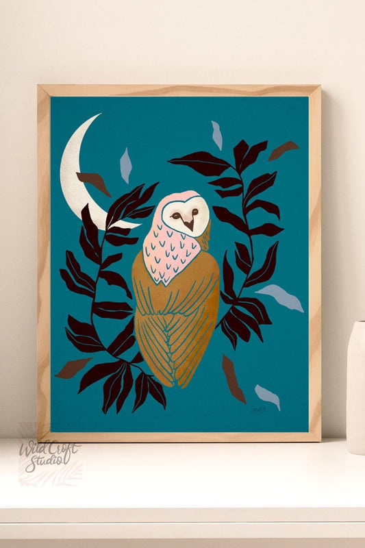 Teal + Blue Owl and Moon Art Print