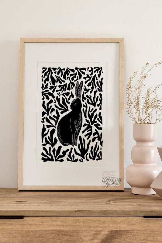 Bunny In The Forest Monochrome Art Print