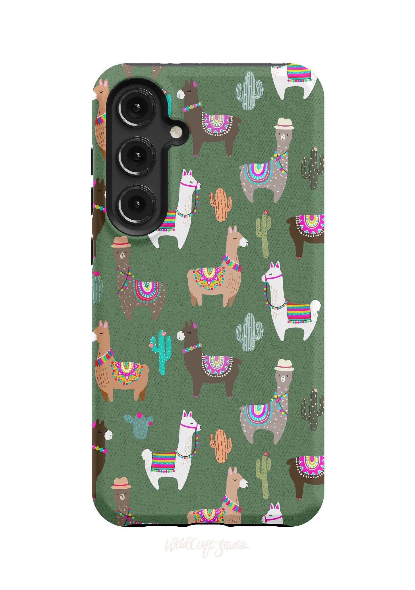 a phone case with a pattern of llamas and cacti