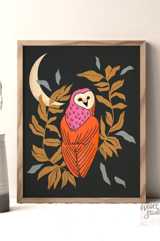 Black and Orange Owl and Moon Art Print