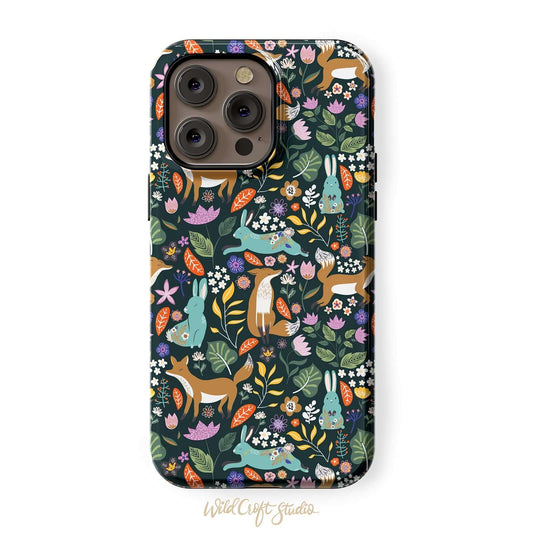 Folk Foxes and Rabbits Dark Tough Case for iPhone