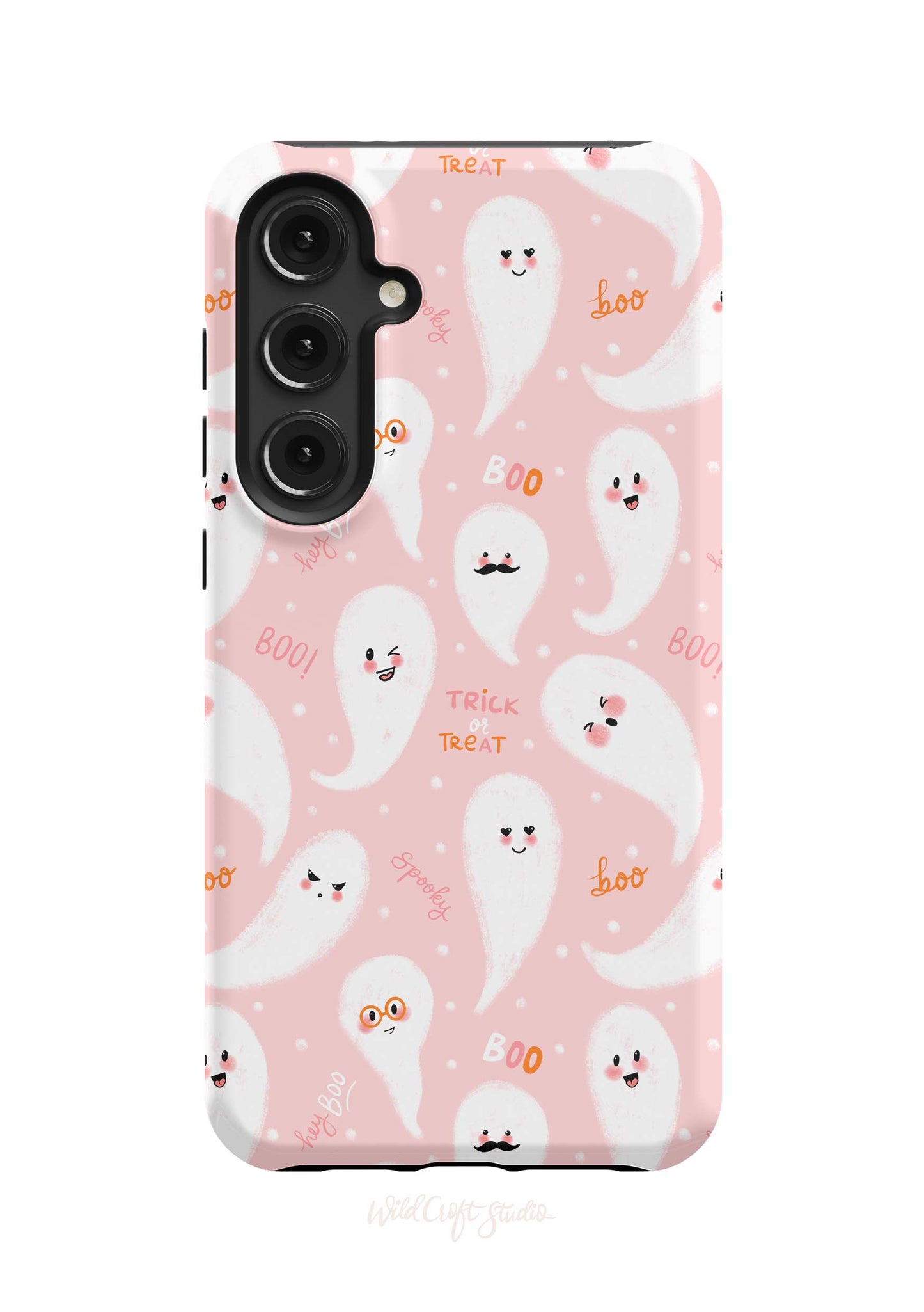 a pink phone case with ghost faces on it
