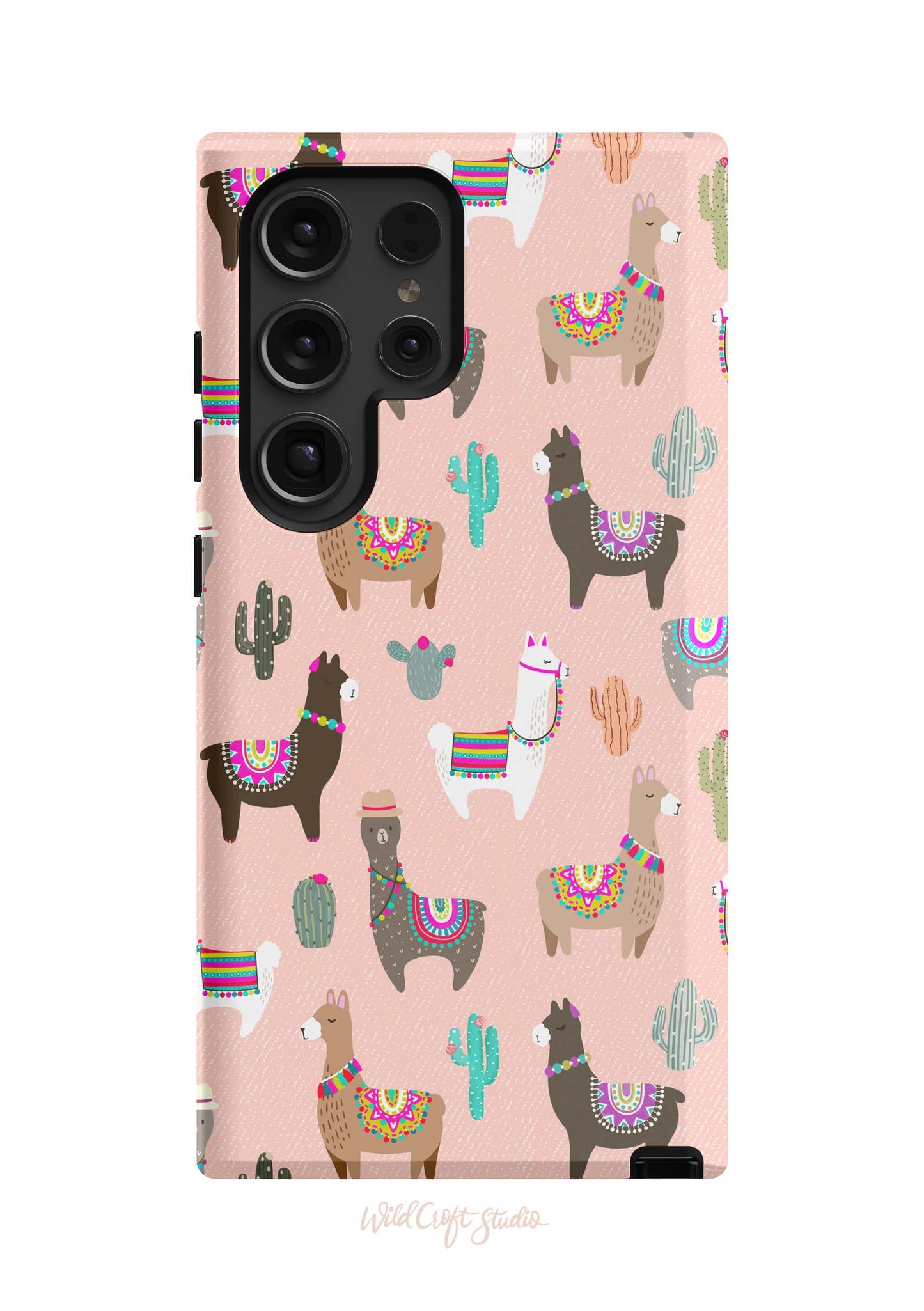a pink phone case with llamas and cacti