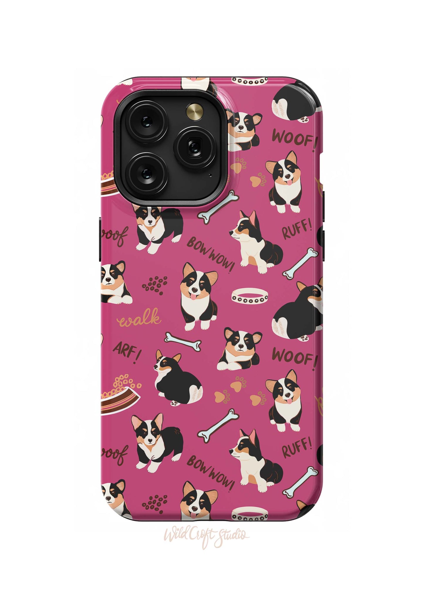 a pink phone case with a black and white dog on it
