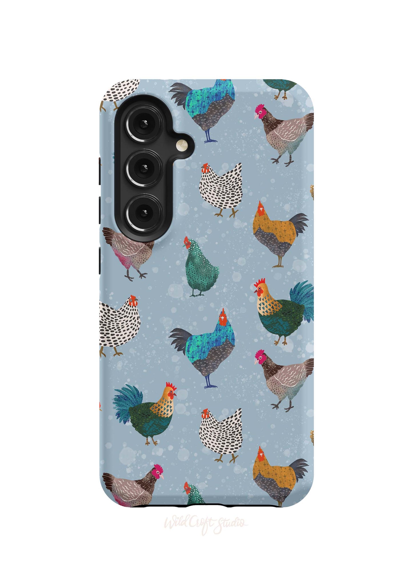 a phone case with chickens on a blue background
