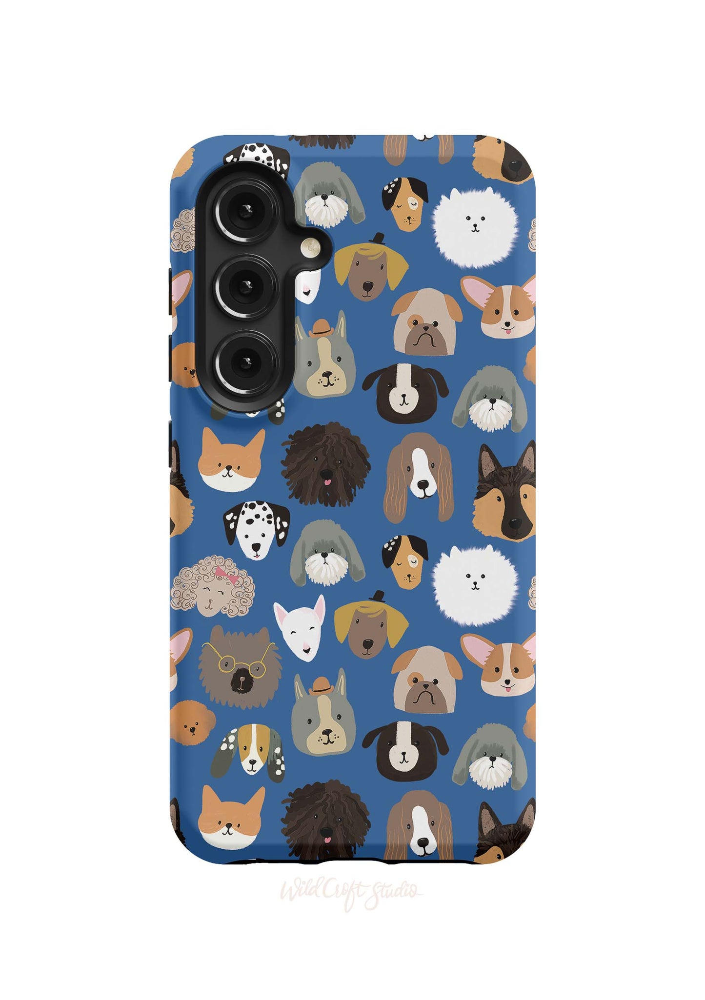 a blue phone case with dogs on it