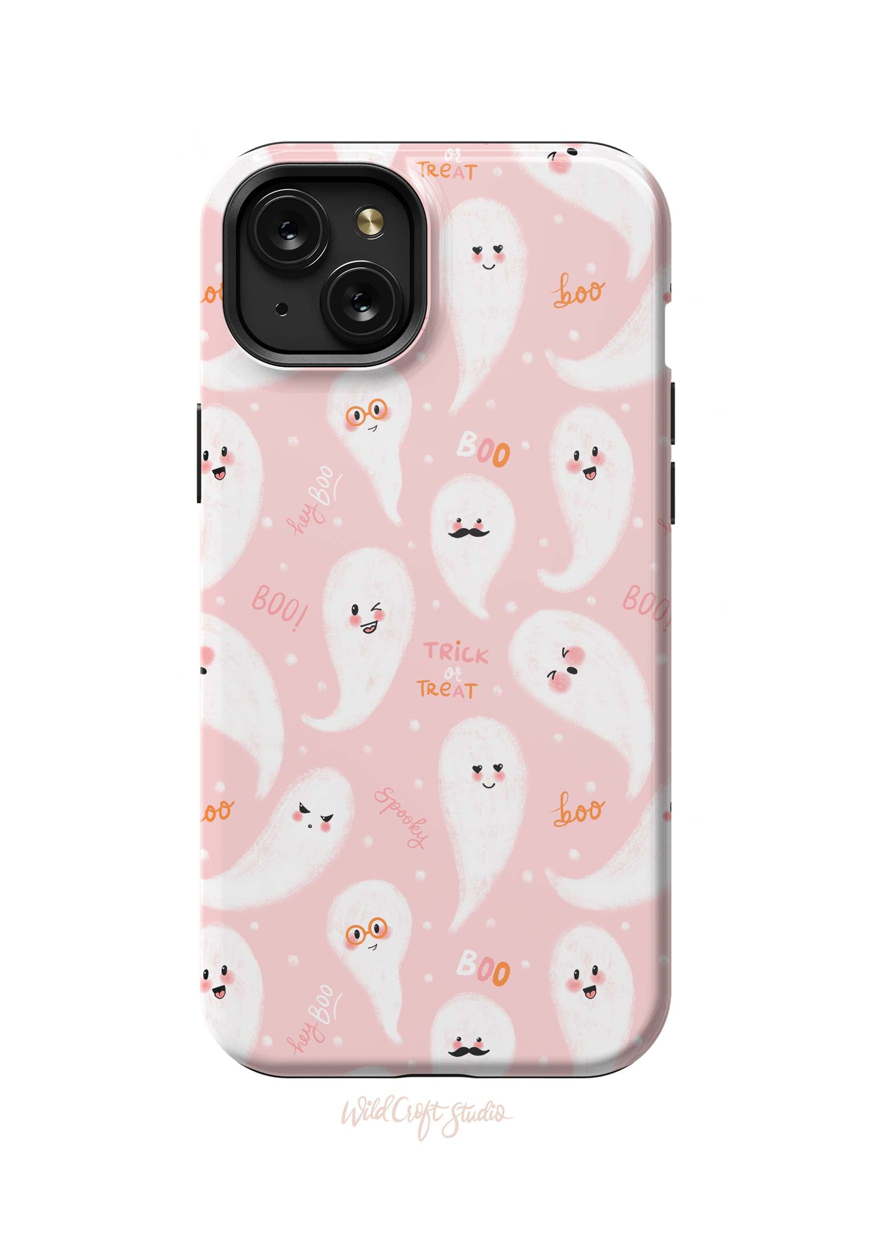 a pink phone case with ghost faces on it