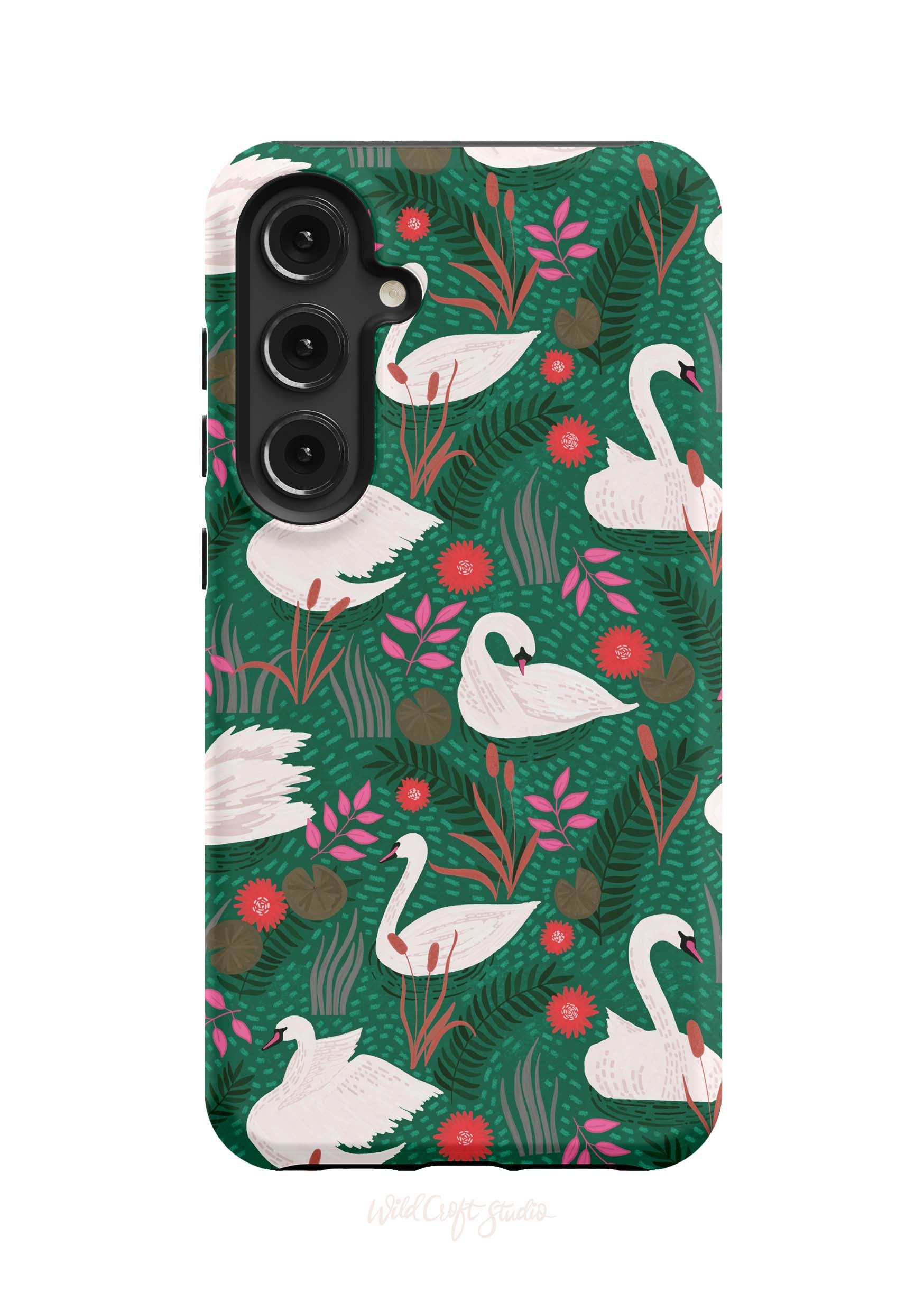 a phone case with swans on a green background