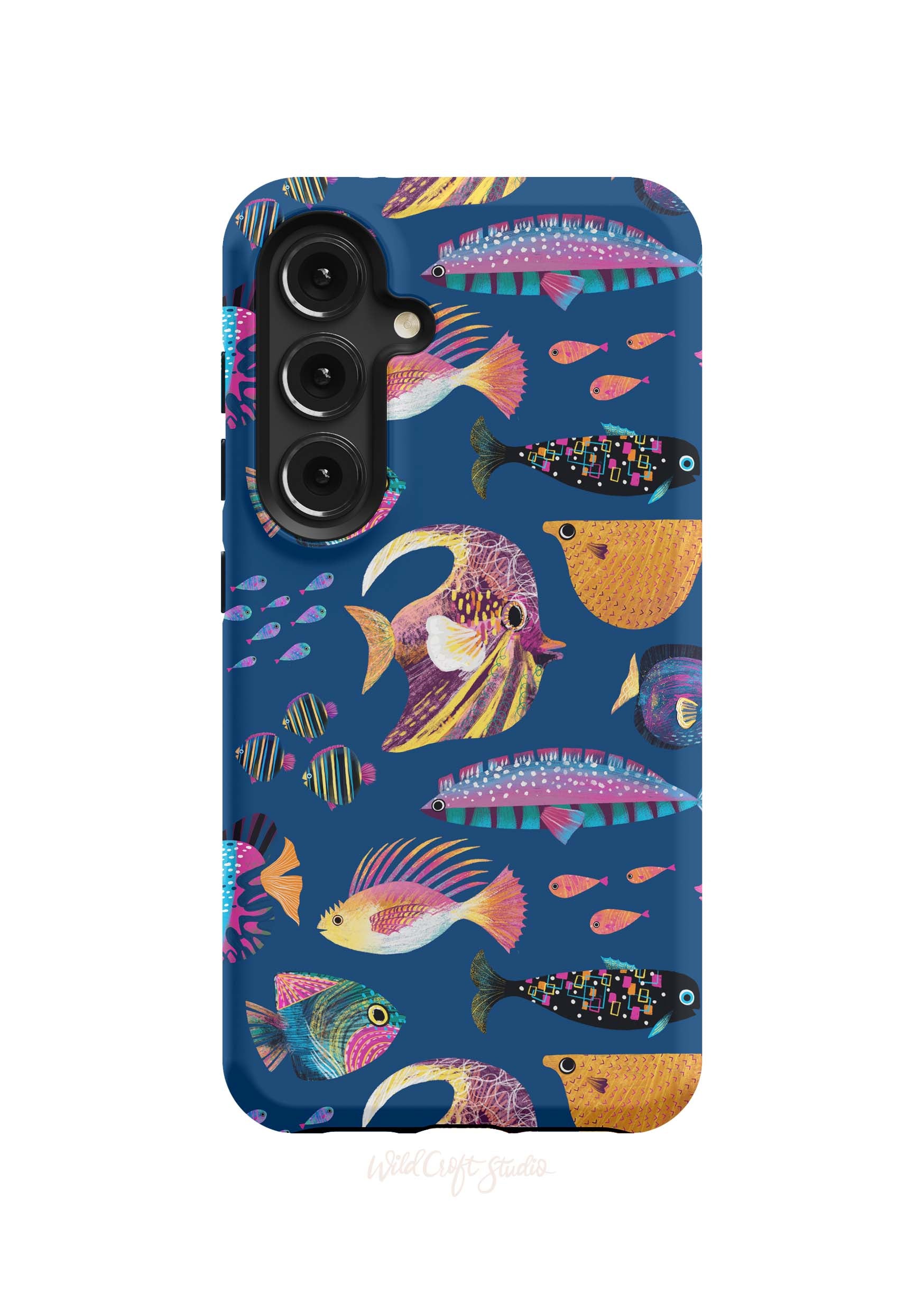 a phone case with colorful fish on a blue background