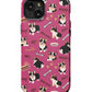 a pink phone case with a black and white dog on it