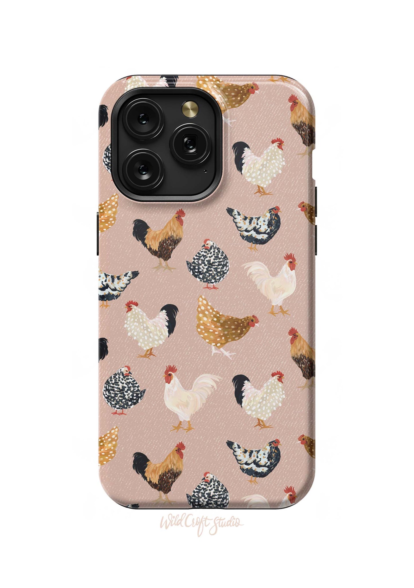 a pink phone case with chickens on it