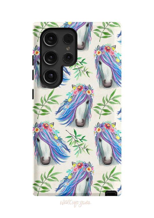 a phone case with a horse and flowers on it