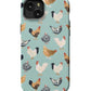 a blue phone case with chickens on it