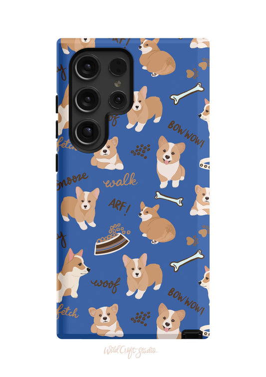 a phone case with a pattern of corgis and bones