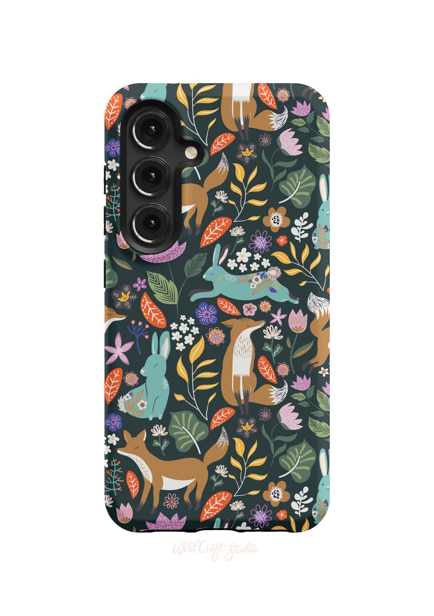 a phone case with a pattern of foxes and flowers