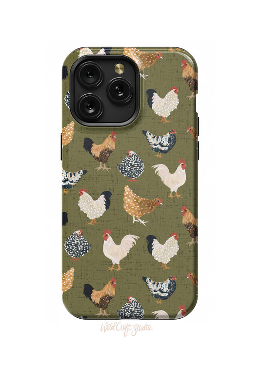 a green phone case with chickens on it