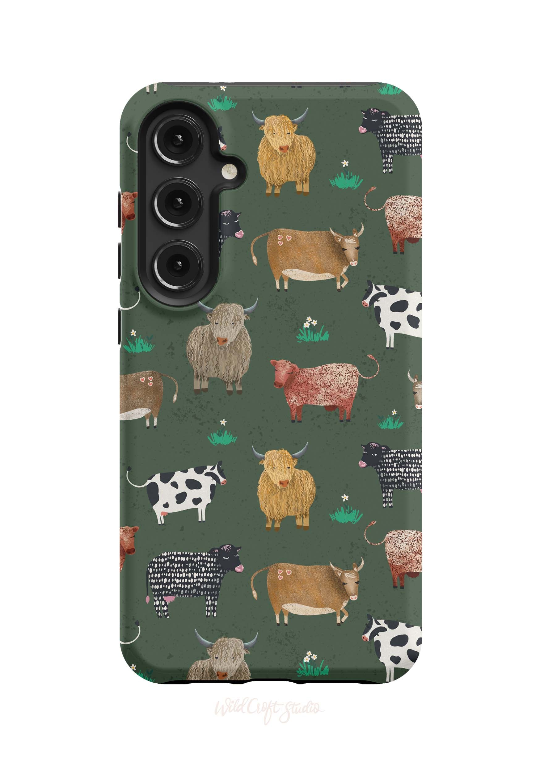 a green phone case with cows and cows on it