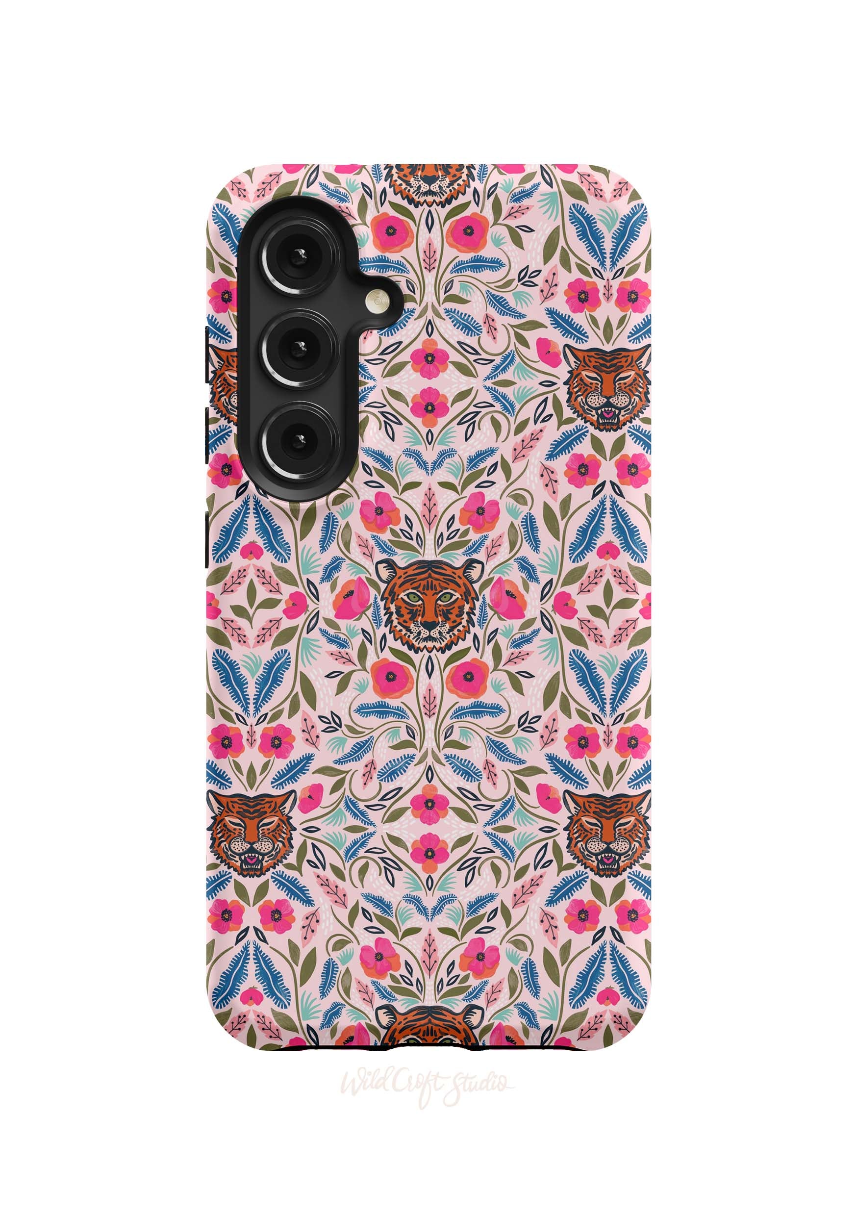 a phone case with a tiger and flowers on it