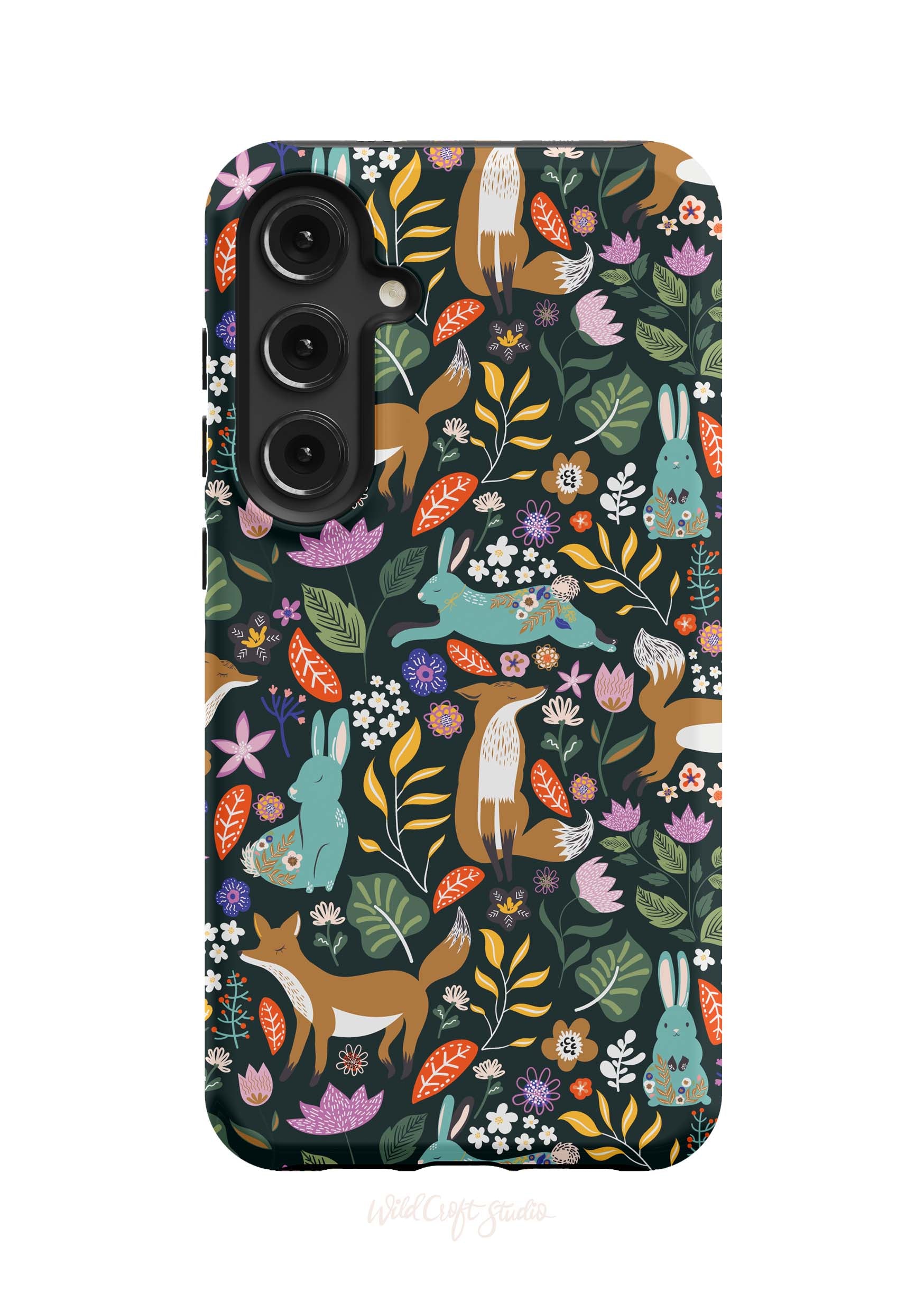 a phone case with a pattern of rabbits and flowers